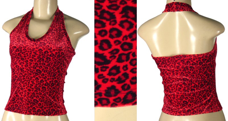 Red and black fuzzy halter top.