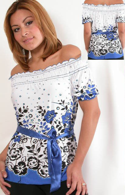 Belted top off the shoulder.